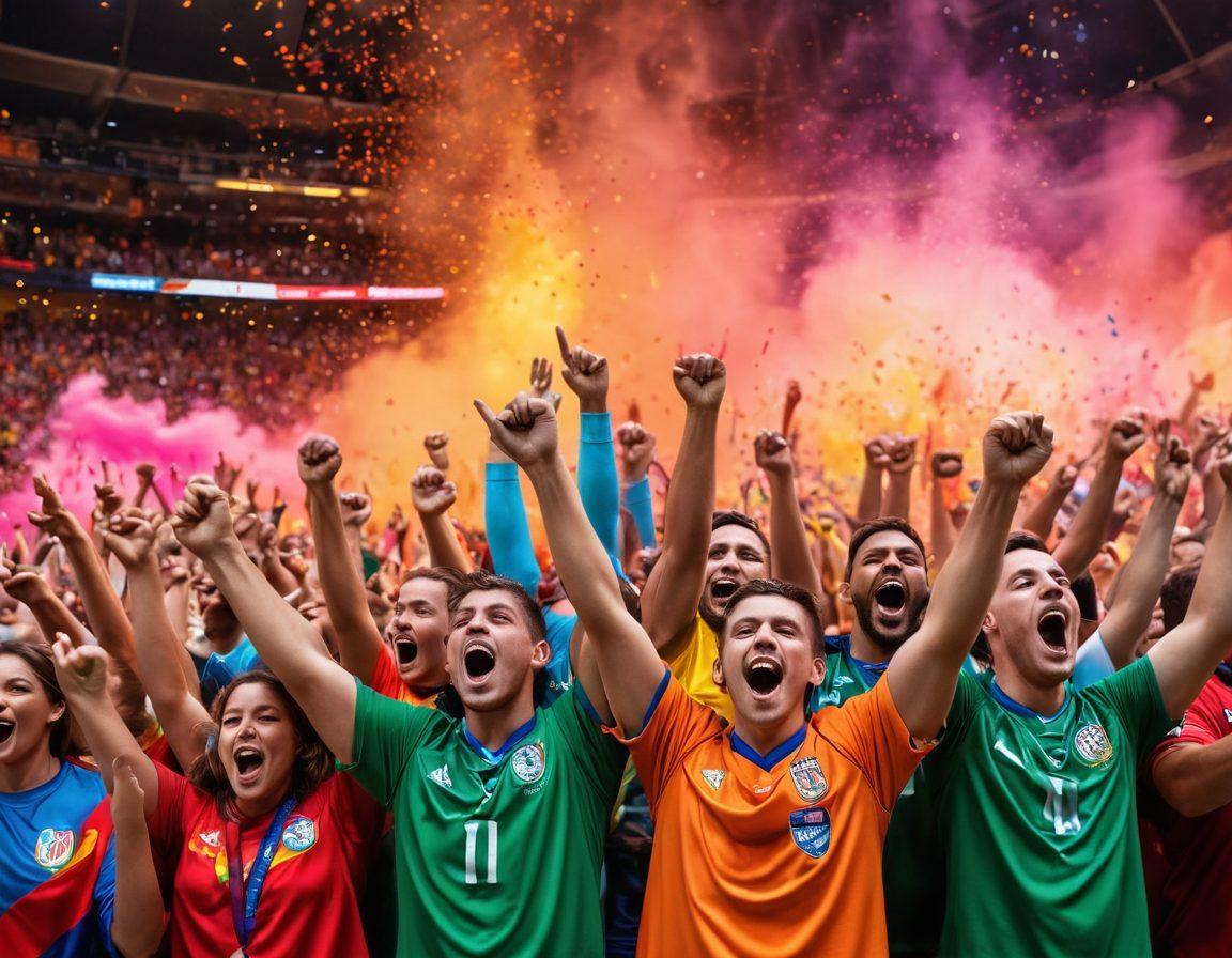 A vibrant stadium scene showcasing passionate supporters with colorful banners and foam fingers, cheering loudly for their team. Include diverse people of all ages, wearing team jerseys, creating a sea of colors. Capture the electric atmosphere with excitement and camaraderie, perhaps a close-up of hands raised in unity. Add dynamic lighting effects to emphasize the energy of the moment. super-realistic. vibrant colors. 3D.