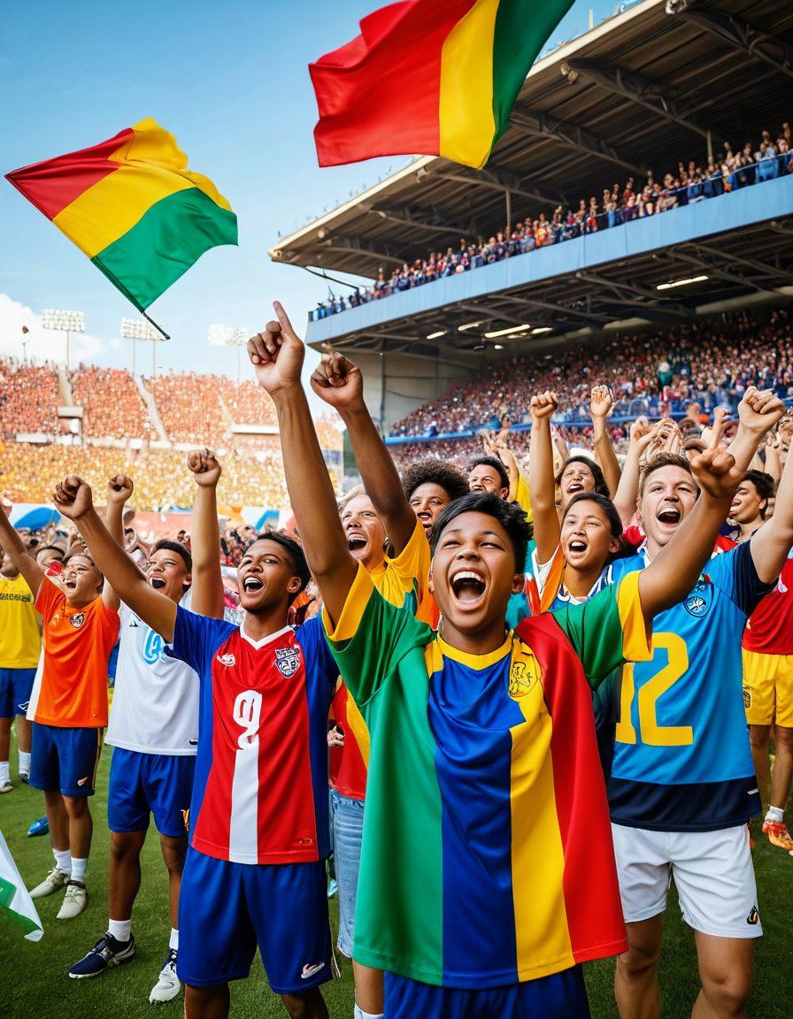 A vibrant scene of a diverse group of passionate football fans wearing colorful jerseys, joyfully cheering in a stadium filled with energetic players. In the background, a community gathering with families enjoying a BBQ and kids playing football, symbolizing unity and team spirit. Bright flags and banners wave enthusiastically, capturing the essence of community affection for the sport. dynamic. vibrant colors. super-realistic.