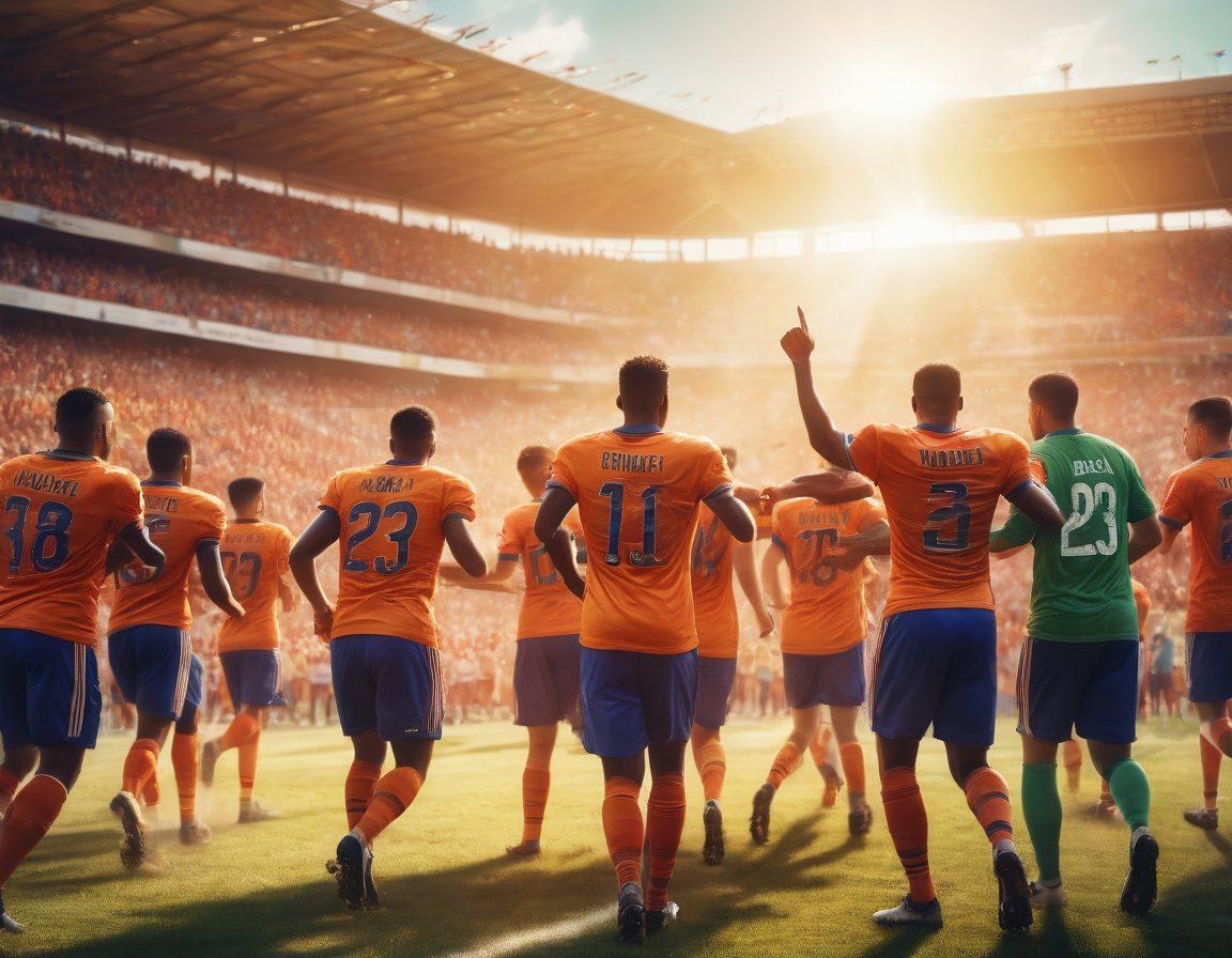 A dynamic football scene where diverse players in vibrant jerseys collaborate seamlessly on the field, their expressions conveying teamwork and dedication. In the background, a cheering crowd showcases loyalty and community spirit, with banners supporting their team. Sunlight casts a warm glow over the field, highlighting the action. realistic style. vibrant colors. energetic atmosphere.